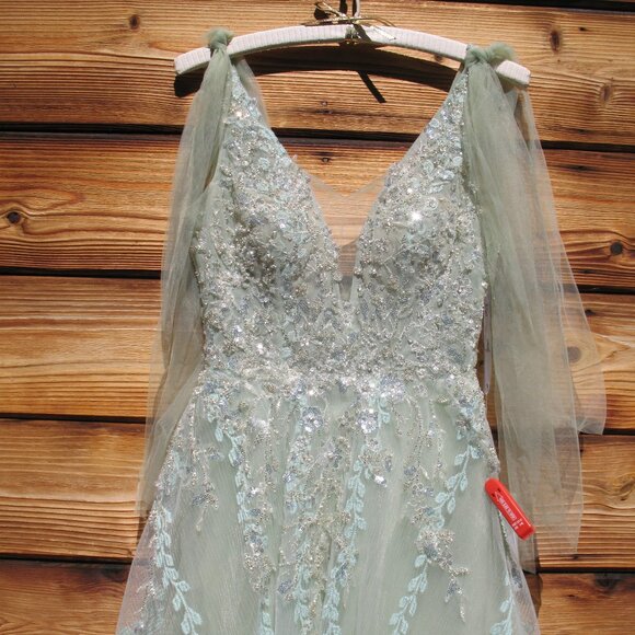 Mac Duggal 20313 Embellished Lined Mesh Gown Sleeveless Sage Green 0 NWT - Picture 8 of 14